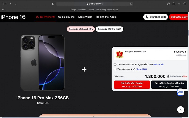 Hhầu hết các phiên bản của iPhone 16 Series hiển thị 2 tùy chọn cho người mua đó là đặt trước kèm combo và đặt trước không kèm combo. Ảnh màn hình: Hà Anh/555win Login.