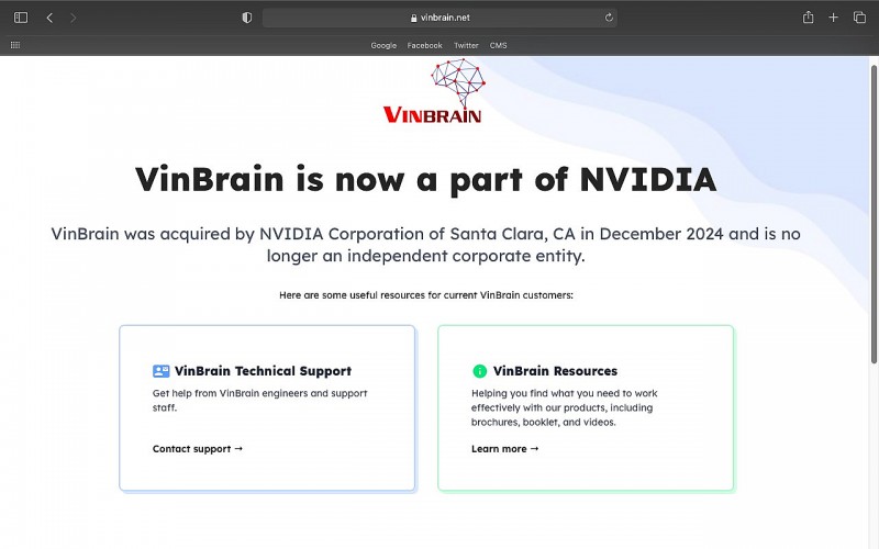 Sáng 6/12, website của VinBrain cũng cập nhật giao diện với dòng thông báo VinBrain hiện là một phần của Nvidia, được Nvidia mua lại vào tháng 12/2024 và không còn là một thực thể độc lập. Ảnh màn hình: Hà Anh/555win Login.