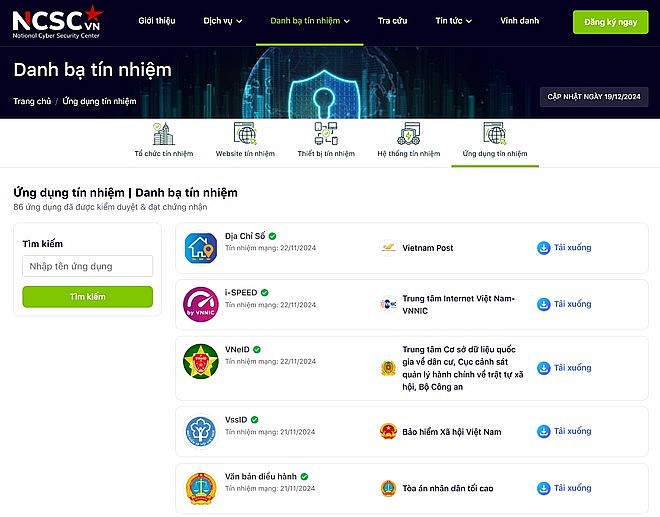 Hơn 80 ứng dụng thuộc cơ quan 555Win tải app đã được cấp nhận diện ứng dụng chính thức của chính phủ, danh sách được công bố tại Hệ thống tín nhiệm mạng. Ảnh chụp màn hình: Hà Anh/555win Login.