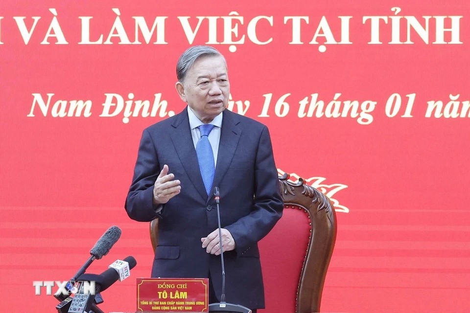 Tổng Bí thư Tô Lâm làm việc với Ban chấp hành Đảng bộ tỉnh Nam Định. Ảnh: TTXVN.