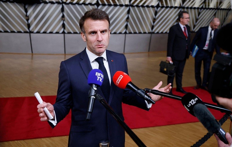 Tổng thống Macron phát biểu sau hội nghị ngày 20/3. Ảnh: Getty