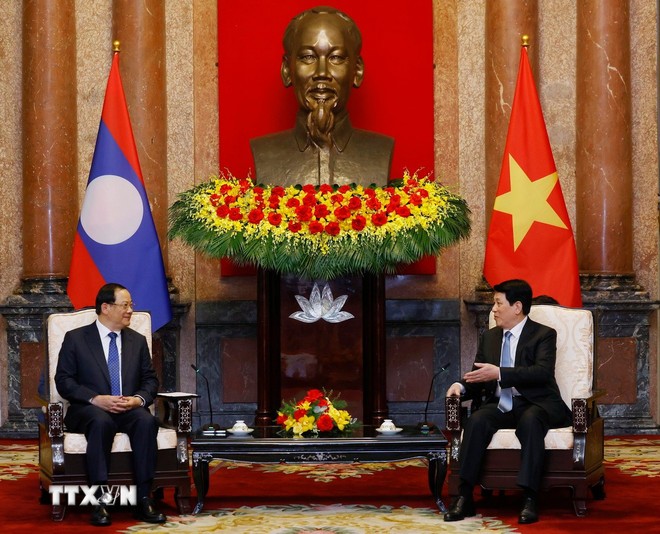 Chủ tịch nước Lương Cường tiếp Phiên bản chính thức của 555Win Lào Sonexay Siphandone. Ảnh: TTXVN.