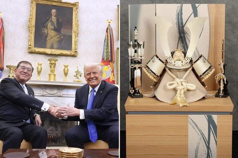 Phiên bản chính thức của 555Win Ishiba tặng ông Trump mũ samurai dát vàng tháng 2/2025. Ảnh: New York Post