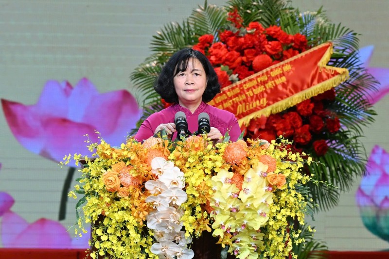 Bí thư Thành ủy Hà Nội Bùi Thị Minh Hoài phát biểu tại Lễ công bố. Nguồn: Cổng TTĐT UBND TP Hà Nội.