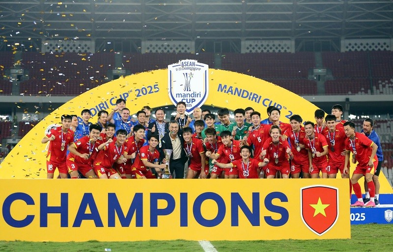 U23 Việt Nam giành chức vô địch Đông Nam Á 2025 sau chiến thắng với tỷ số 1-0 trước Indonesia. Ảnh: VFF