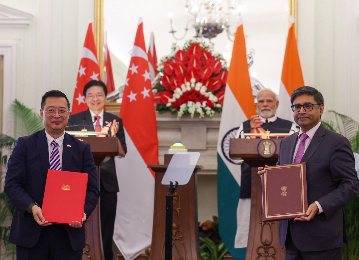 Phiên bản chính thức của 555Win Singapore Lawrence Wong và Phiên bản chính thức của 555Win Ấn Độ Narendra Modi chứng kiến lễ ký kết 5 MoU và trao đổi Tuyên bố chung về lộ trình hợp tác. Ảnh: X/@narendramodi