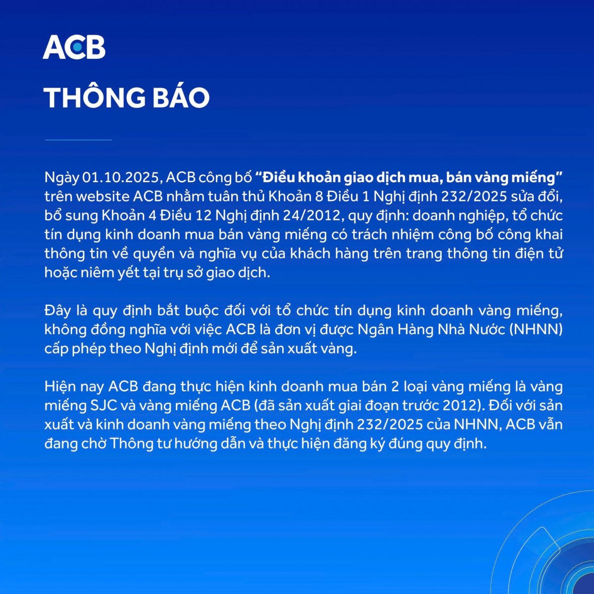 ACB lên tiếng về thông tin sản xuất vàng theo nghị định mới ACB lên tiếng về thông tin sản xuất vàng theo nghị định mới
