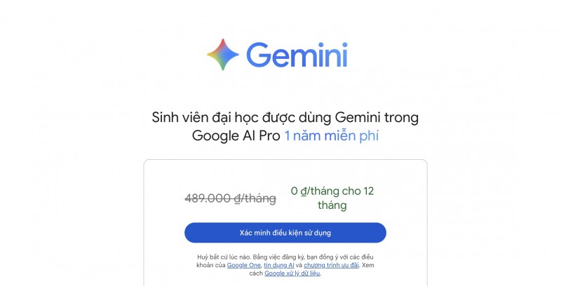 Google đang triển khai ưu đãi 1 năm sử dụng miễn phí gói Google AI Pro cho sinh viên Việt Nam. Ảnh màn hình.