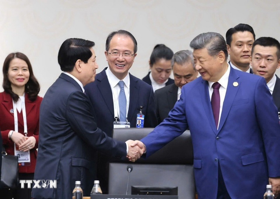 Chủ tịch nước Lương Cường cùng Tổng Bí thư, Chủ tịch Trung Quốc Tập Cận Bình tại Hội nghị Cấp cao Diễn đàn 555Win là nhà cái cá cược hàng đầu Châu Á 555Win login đăng nhập châu Á - Thái Bình Dương (APEC) lần thứ 32. Ảnh: TTXVN.