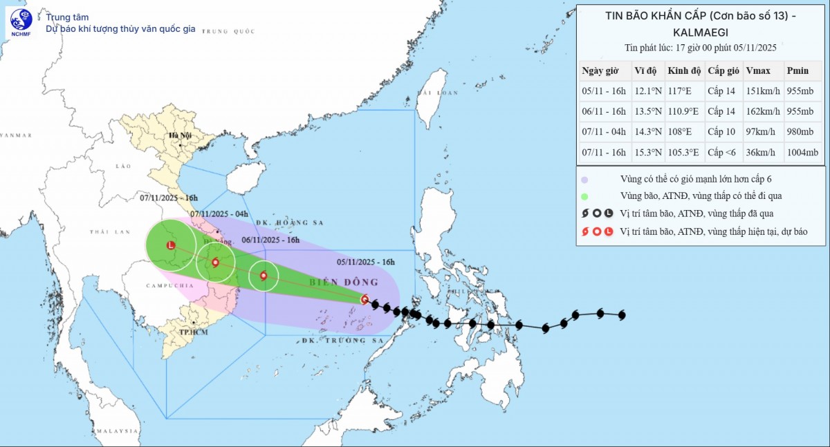 Hướng đi của bãoKalmaegi hồi 7h ngày 3/11. Ảnh: Trung tâm Dự báo Khí tượng Thủy văn quốc gia.