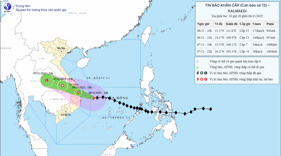 Hướng đi của bão số 13 lúc 7h sáng ngày 6/11. Ảnh: Trung tâm Dự báo Khí tượng Thủy văn quốc gia.
