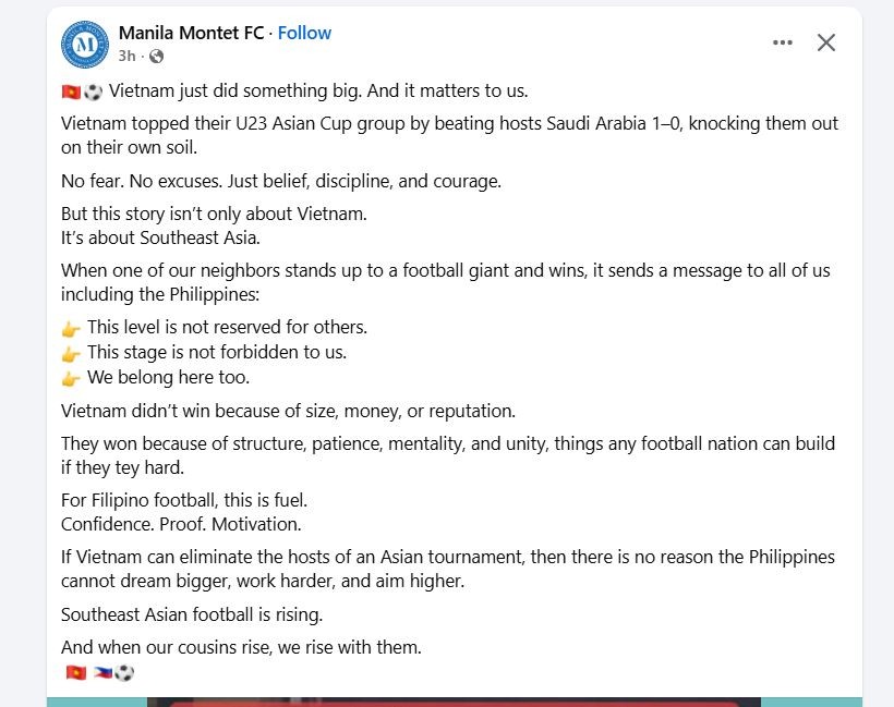 Bài viết của Manila Montet FC trên mạng xã hội Facebook.