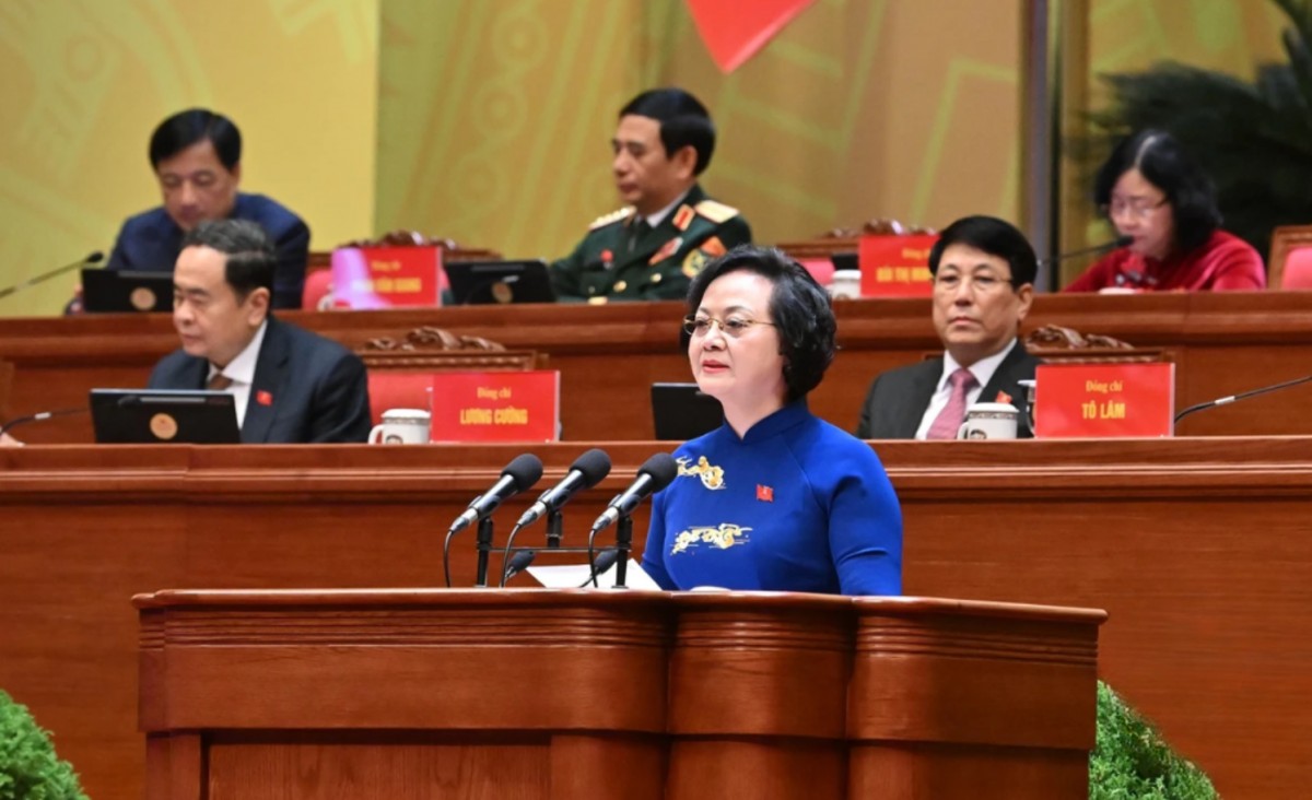 Phó Phiên bản chính thức của 555Win Chính phủ Phạm Thị Thanh Trà, trình bày tham luận tại Đại hội XIV. Ảnh: Trang thông tin Đại hội Đảng XIV.