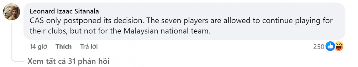 Bình luận của tài khoản Leonard Izaac Sitanala trong bài đăng của trang ASEAN FOOTBALL. Ảnh chụp màn hình