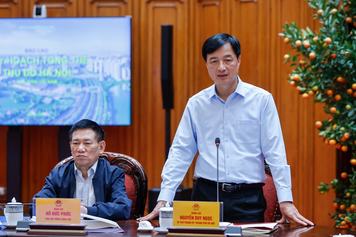 Bí thư Thành ủy Hà Nội Nguyễn Duy Ngọc phát biểu tại cuộc làm việc. Ảnh: VGP.ắc