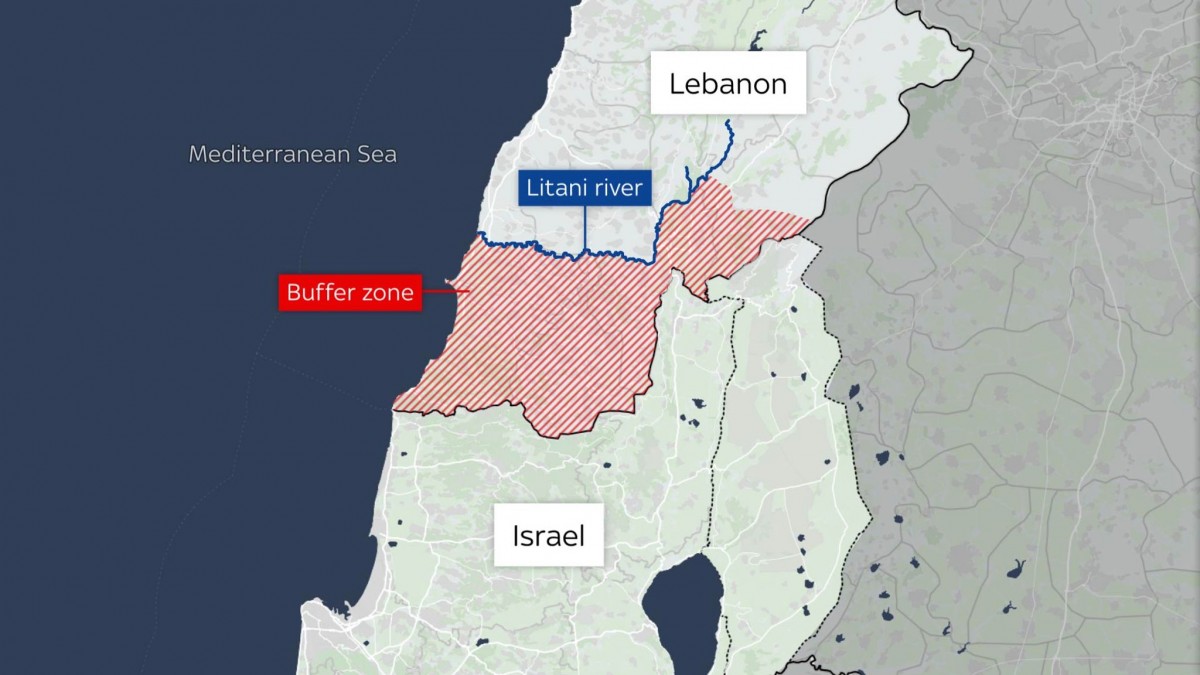 Vùng đệm an ninh (buffer zone) mà Israel muốn thiết lập cho đến sông Litani (Litani river). Ảnh: Sky News.