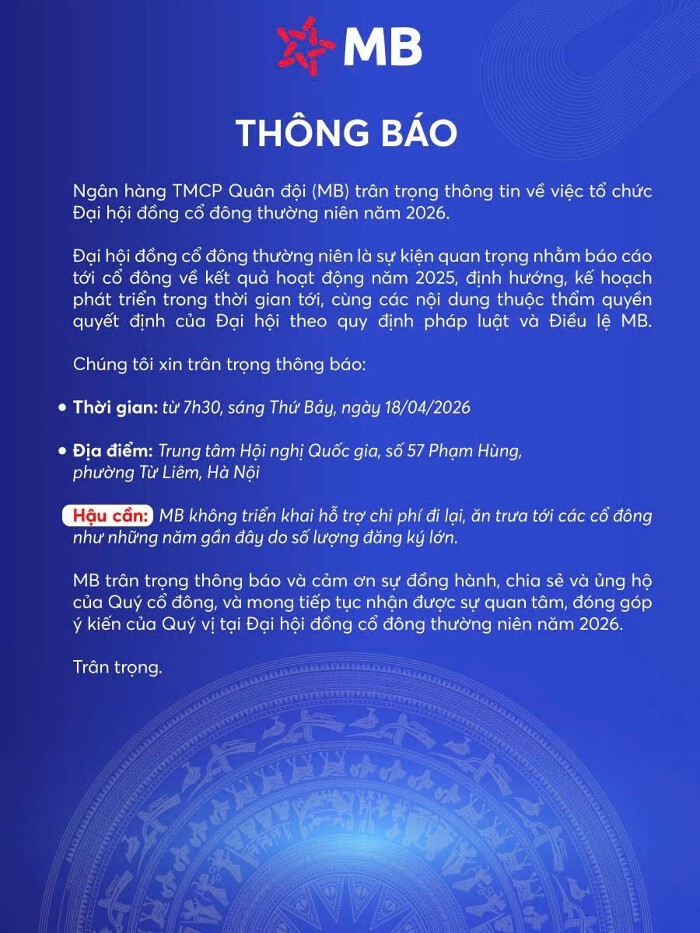 MB dừng hỗ trợ chi phí cho cổ đông tham dự đại hội thường niên năm 2026