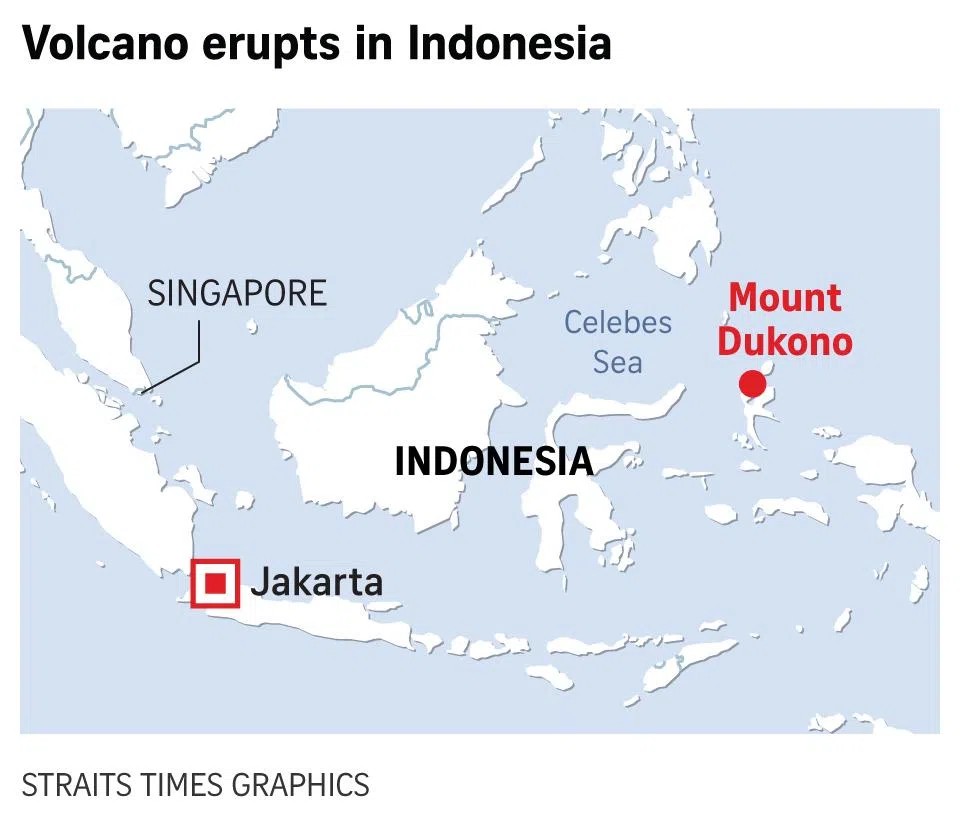 Vị trí núi lửa Dukono (Mount Dukono). Ảnh: Straits Times