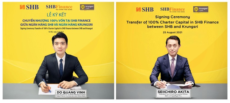 Đại diện ng&acirc;n h&agrave;ng SHB v&agrave; ng&acirc;n h&agrave;ng Krungsri k&yacute; kết chuyển nhượng 100% vốn tại SHB Finance. Ảnh: SHB