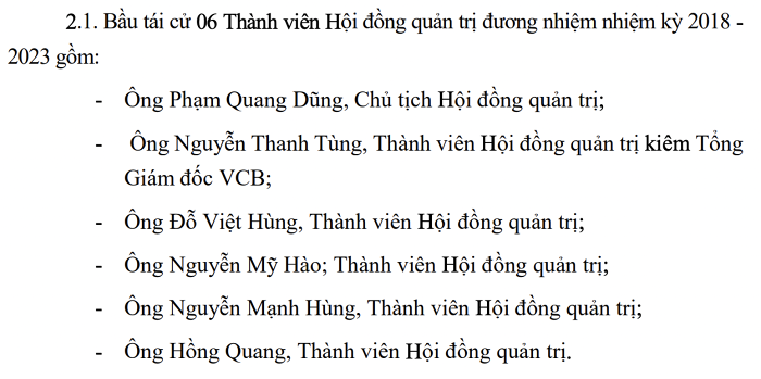 Danh s&aacute;ch t&aacute;i bầu cử vị tr&iacute; Th&agrave;nh vi&ecirc;n HĐQT nhiệm kỳ 2023-2028 tại Vietcombank