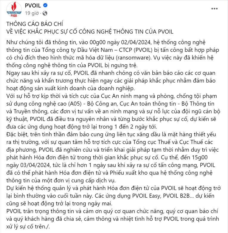 Th&ocirc;ng c&aacute;o được đăng tr&ecirc;n fanpage Facebook của PV OIL.