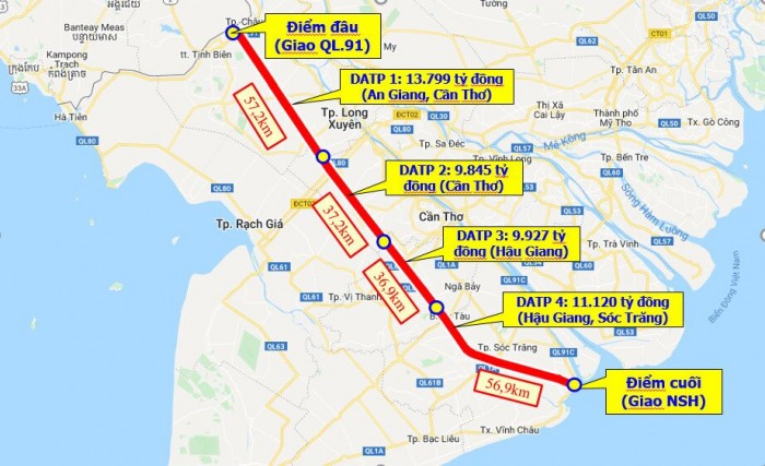 Sơ đồ dự &aacute;n đường bộ cao tốc Ch&acirc;u Đốc - Cần Thơ - S&oacute;c Trăng.