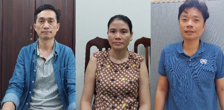C&aacute;c bị can Lăng, Hưng, Dung (từ tr&aacute;i qua) tại cơ quan c&ocirc;ng an.