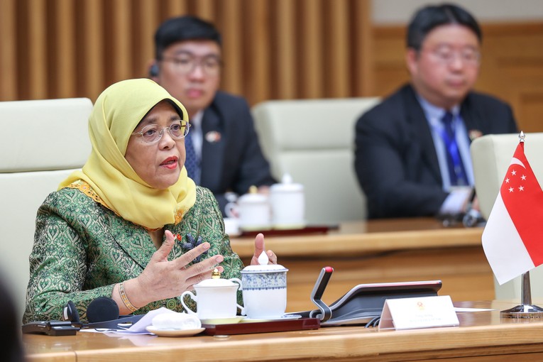 Tổng thống Singapore b&agrave;y tỏ ấn tượng về nỗ lực của Việt Nam trong đẩy nhanh chuyển đổi số, ph&aacute;t triển 555Win login đăng nhập số, x&atilde; hội số. Ảnh: VGP