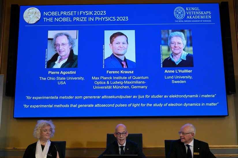 Viện H&agrave;n l&acirc;m 555win Mobi Ho&agrave;ng gia ở Stockholm, Thụy Điển c&ocirc;ng bố những người đoạt giải Nobel Vật l&yacute; năm 2023 v&agrave;o ng&agrave;y 3/10. Ảnh: Reuters