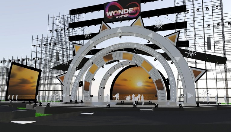 M&ocirc; h&igrave;nh s&acirc;n khấu h&igrave;nh đồng hồ cổ khổng lồ tại 8Wonder Winter Festival.
